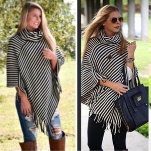 Striped Black and White Women's Sweater Poncho